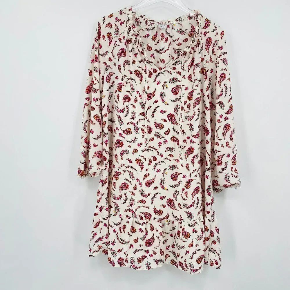 Old Navy Size Small Long Sleeve Tie Neck Cream & Pink Floral Paisley Midi Dress